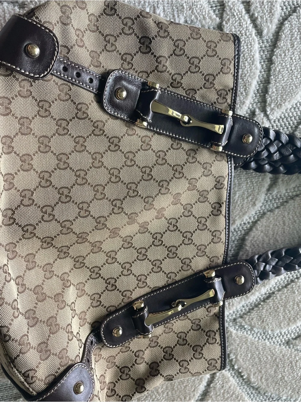 Gucci Brown GG Canvas Shoulder Bag with Braided Dark Brown Handles. Authentic. - Picture 7 of 11